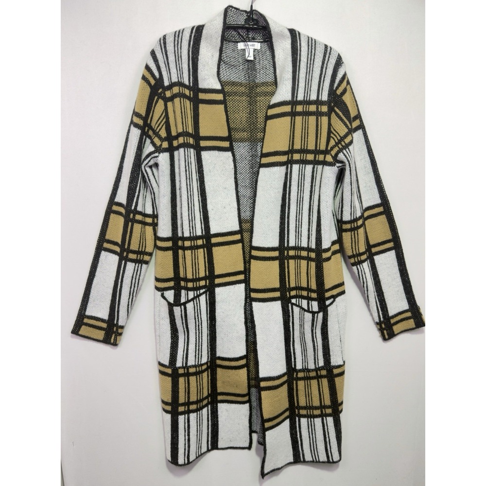 Nine West Cardigan Womens S Mustard Black White Plaid Long Open Front Sweater